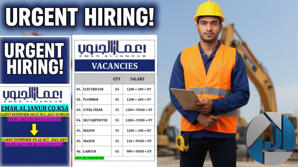 emar al janub ksa jobs interview in delhi 2025