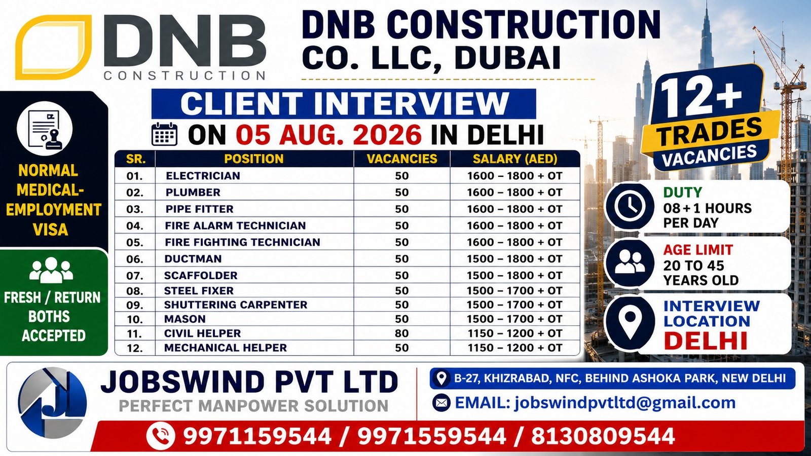 Dubai construction jobs for Indians — DNB Construction Co. LLC client interview poster, Delhi, 5 August 2026