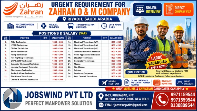 Zahran O&M Saudi Arabia Jobs 2026 recruitment for facilities management technicians and construction workers through Jobswind Pvt Ltd