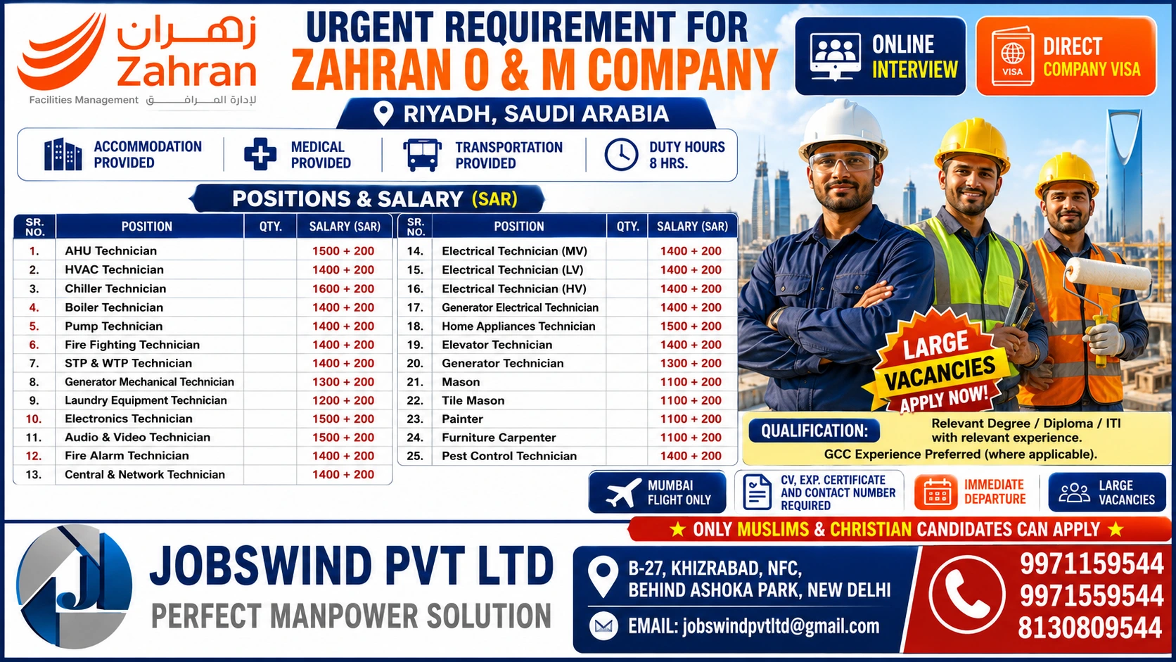 Zahran O&M Saudi Arabia Jobs 2026 recruitment for facilities management technicians and construction workers through Jobswind Pvt Ltd